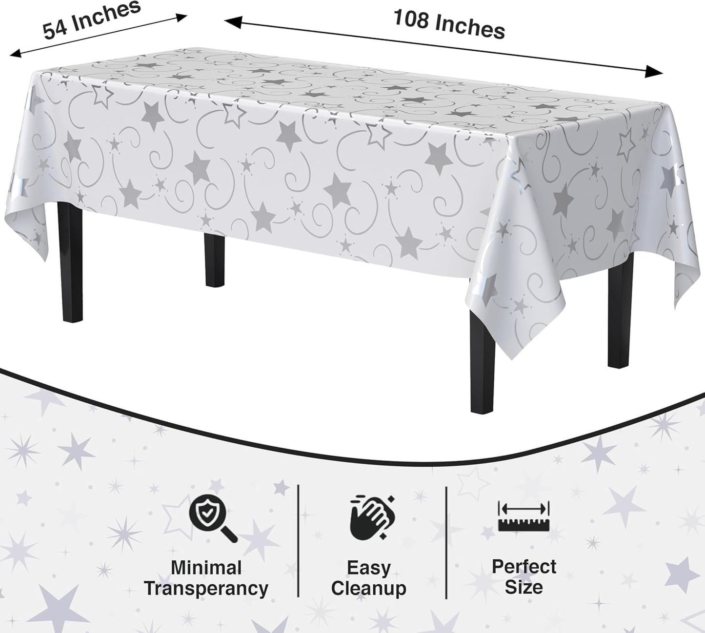 Exquisite Silver Star Tablecloth Plastic 12-Pack Disposable Rectangle Tablecloths 54" x 108" Silver Star Table Cloths Rectangle Table Covers Plastic Tablecloth for Party Decorations