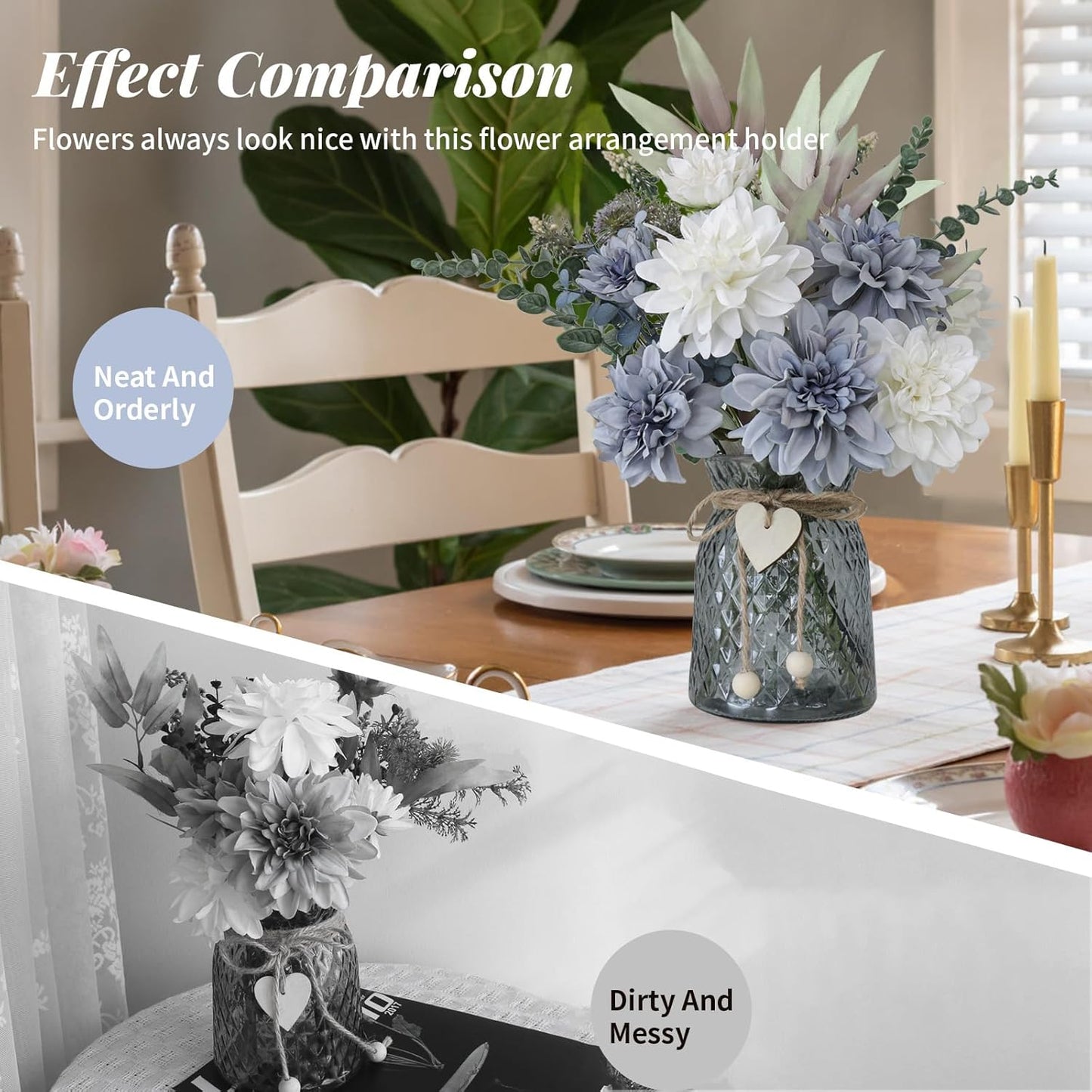 Fake Flowers in Vase,8 Dahlias,Silk Artificial Flowers in Vase,Centerpiece Table Decorations,Faux Flowers in Vase with a Flower Arrangement Holder