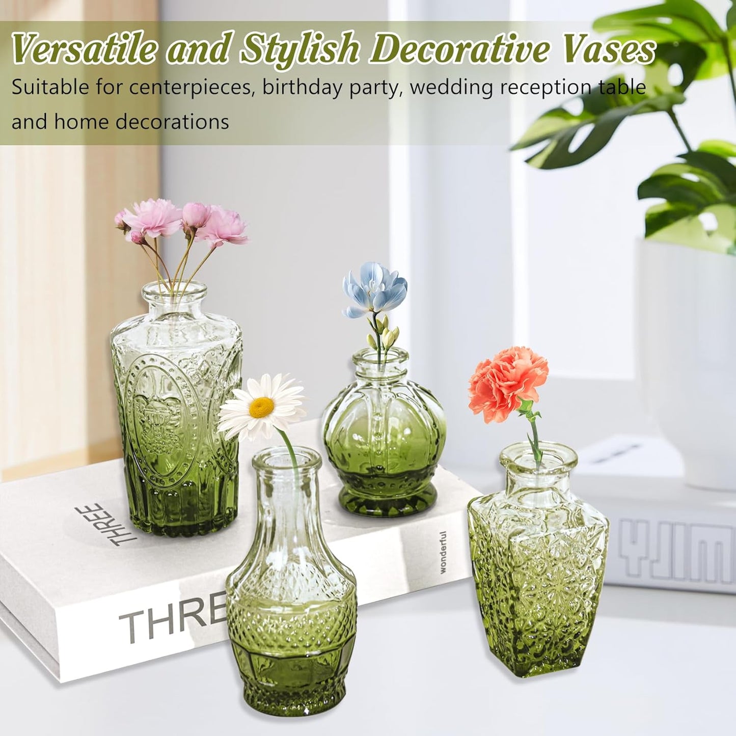 Set of 40 Glass Bud Vases, Small Green Glass Vases in Bulk, Mini Vintage Embossed Flower Vase for Wedding, Centerpieces, Birthday Party, Baby Shower, Home Table Decorations (Green)