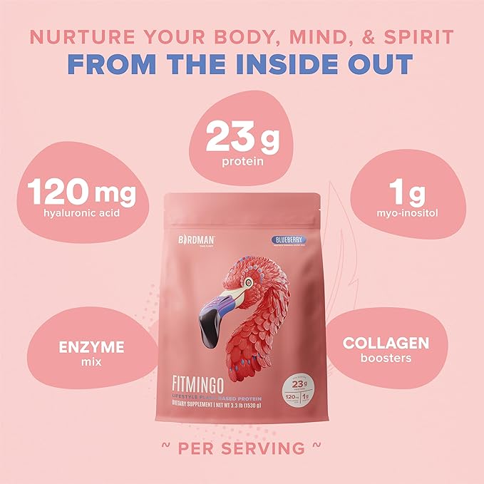 Fitmingo Vegan Protein Powder with Inositol, Collagen Boosters, Hyaluronic Acid and Vitamins | Low Carb, Dairy Free, Low Calorie | 23g Plant Based Blueberry Protein Powder with Myo-Inositol