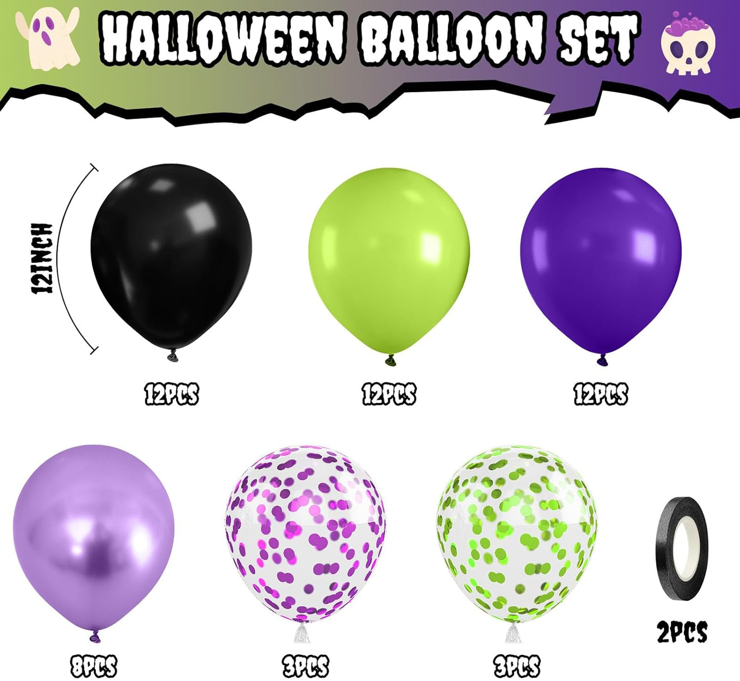 Purple Green Balloons, 12 Inch Halloween Balloons Set, Matte Black Fruit Green and Metallic Purple Confetti Balloon Latex Helium Balloon for Birthday Horror Halloween Party Decorations Indoor Outdoor
