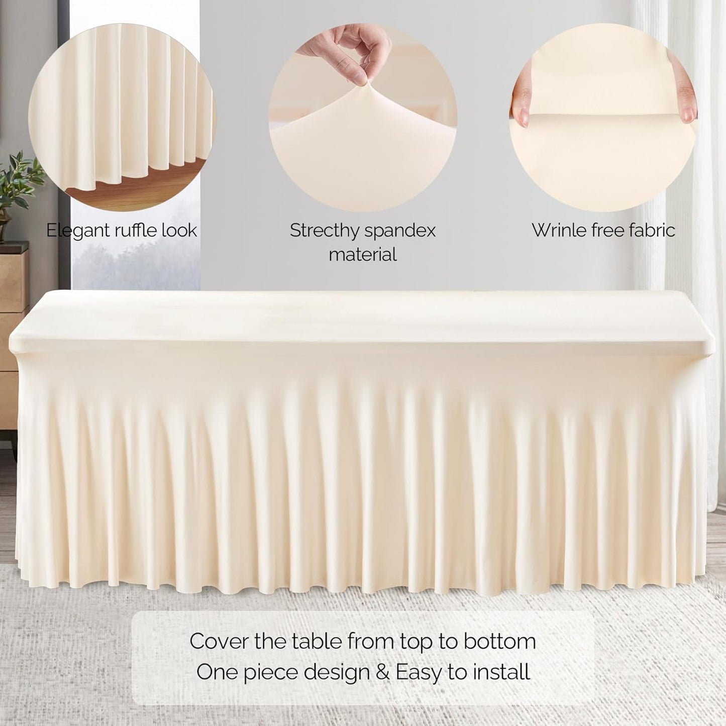 Wish Care 6 Pack Ivory Spandex Table Clothes for 6Foot Rectangle Tables, 6FT Wrinkle Free Fitted Tablecloths Ruffles Design Table Cover for Party, Banquet, Wedding and Events