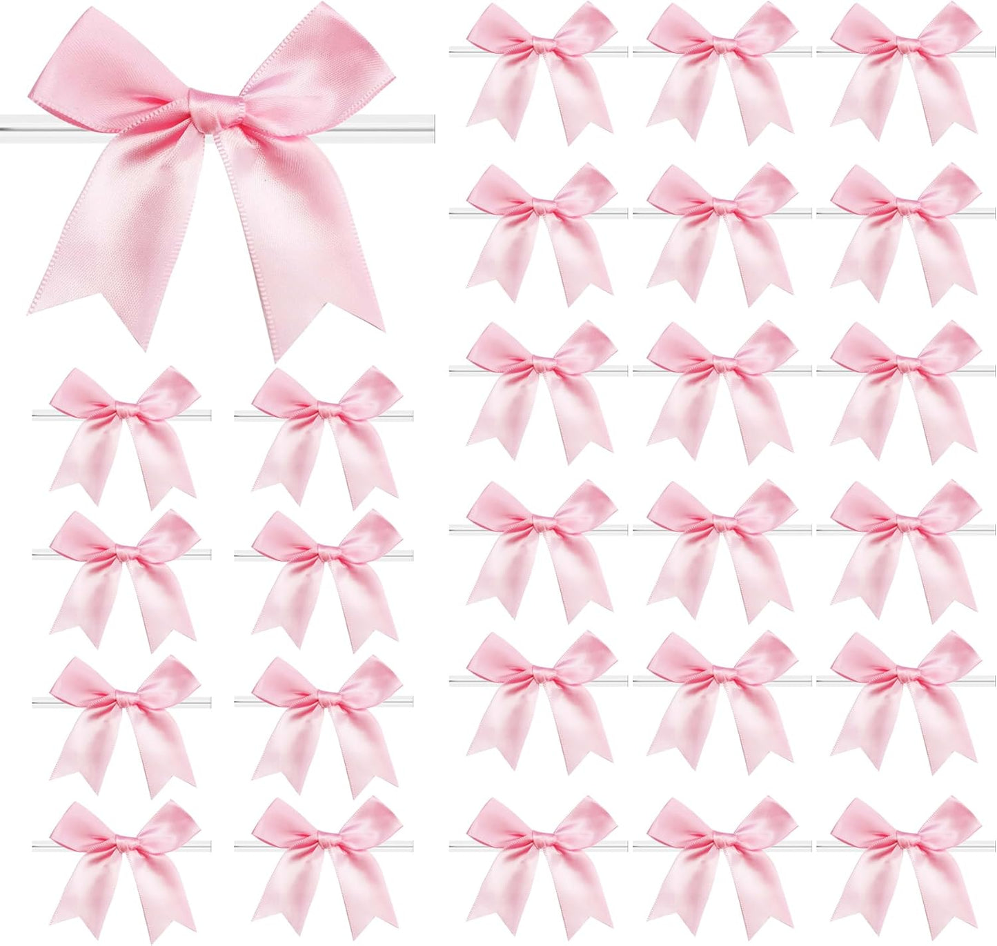 50 PCS Twist Tie Bows Satin Ribbon Bows 3.3 Inch Gift Wrap Bows Craft Bows for Gift Wrapping, Party Decorations Gifts Bag DIY Treat Bags Wedding Decor Baby Shower Christmas (Light Pink)