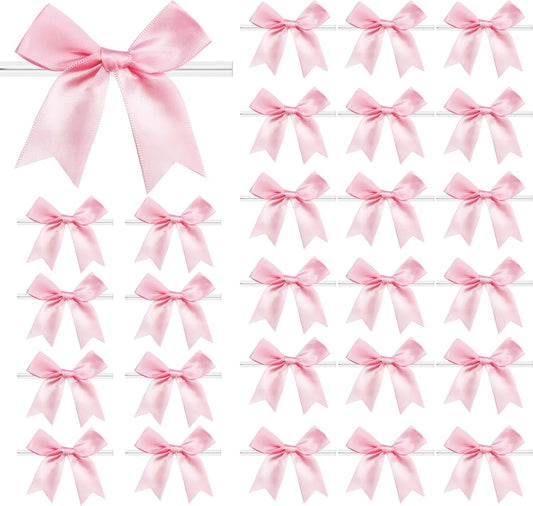 50 PCS Twist Tie Bows Satin Ribbon Bows 3.3 Inch Gift Wrap Bows Craft Bows for Gift Wrapping, Party Decorations Gifts Bag DIY Treat Bags Wedding Decor Baby Shower Christmas (Light Pink)