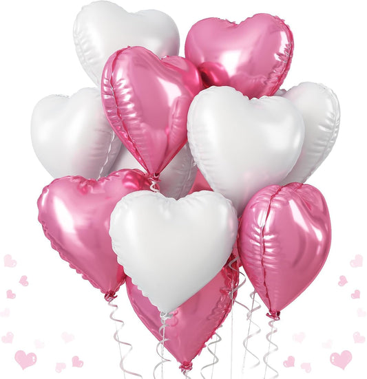 Heart Foil Balloons, 18 Inch White & Pink Heart Shape Mylar Balloons for Valentine's Day, Birthday, Wedding, Baby Shower Party Decoration