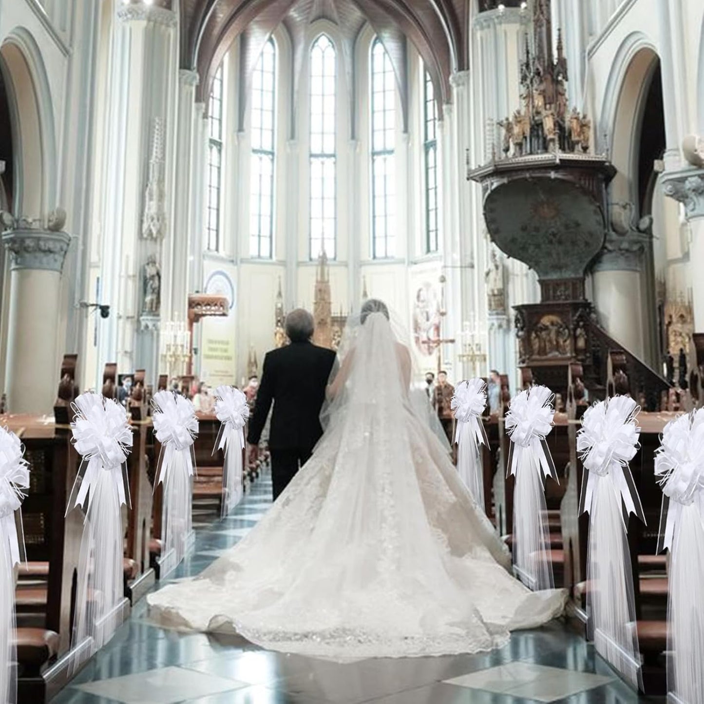 30 Set Wedding Pew Bows with Long Tulle Tails Wedding Aisle Decorations Church Chair Aisle Decoration Car Decoration Big Bows for Bridal Shower Reception Anniversary (White)