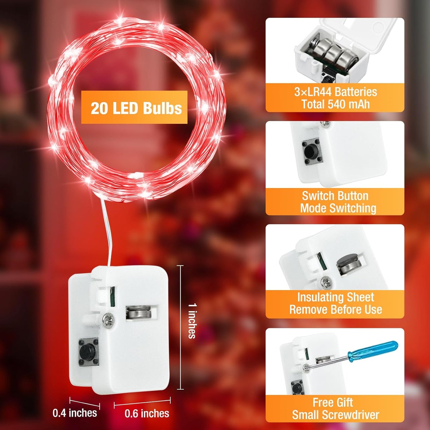 6 Pack Fairy Lights Battery Operated - 7ft 20 Led Twinkle Lights 3 Modes, Bulk Mini String Lights Waterproof for Mason Jars Vases DIY Party Wedding Decoration Christmas - Red