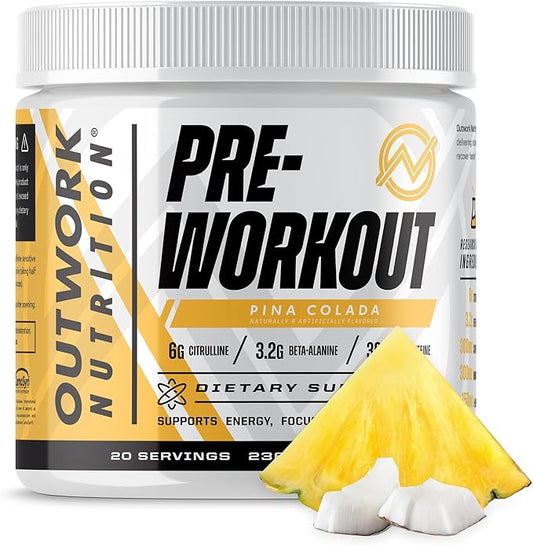 Outwork Nutrition Pre Workout Powder for Men & Women - Pre-Workout Supplements Without Creatine, Nootropic Preworkout with Citrulline Malate Beta Alanine Taurine Rhodiola Caffeine (Pina Colada)