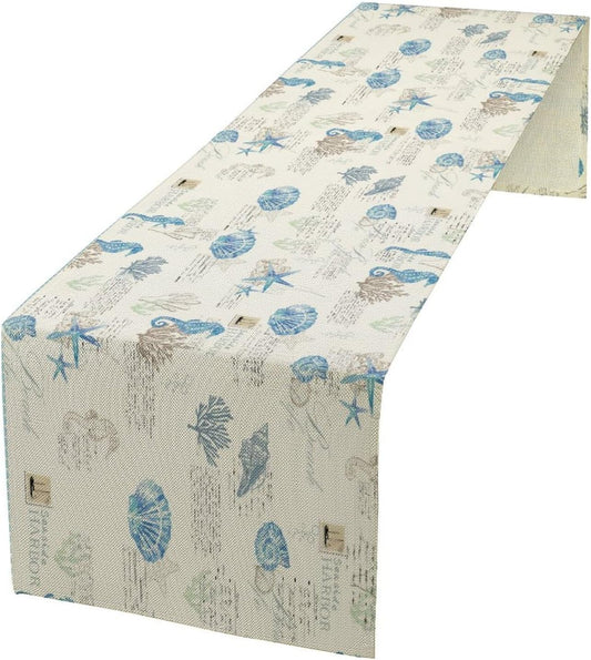 Starfish Table Runner,Vintage Nautical Seashell Tropical Beach Theme Coastal Ocean Sea Burlap for Hotel Indoors Outdoor Dining Room Kitchen Tablecloth, 13x90in