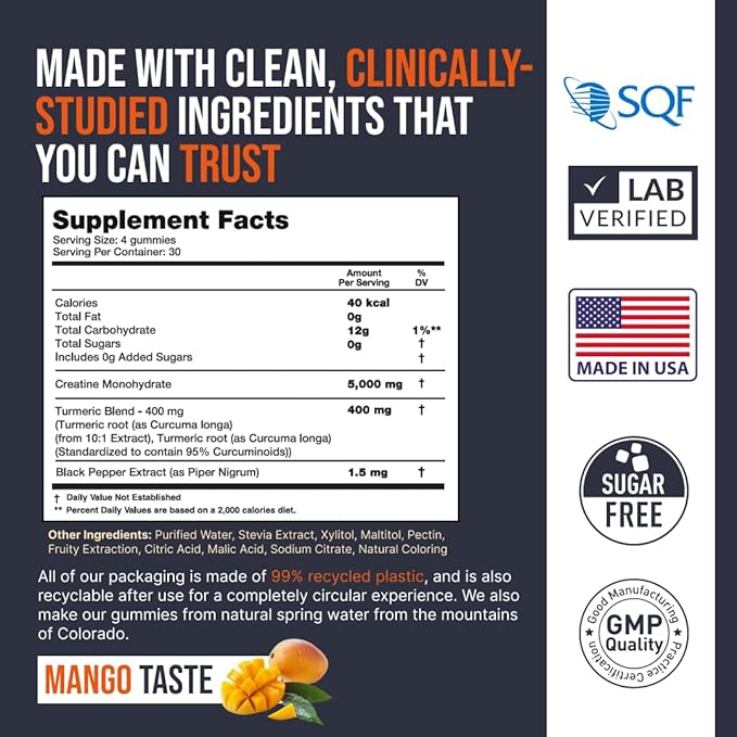 Creatine Monohydrate Gummies 5000 mg, Mango Flavor, 120 Sugar-Free Vegan Chews, Creatine Supplement for Daily Routine