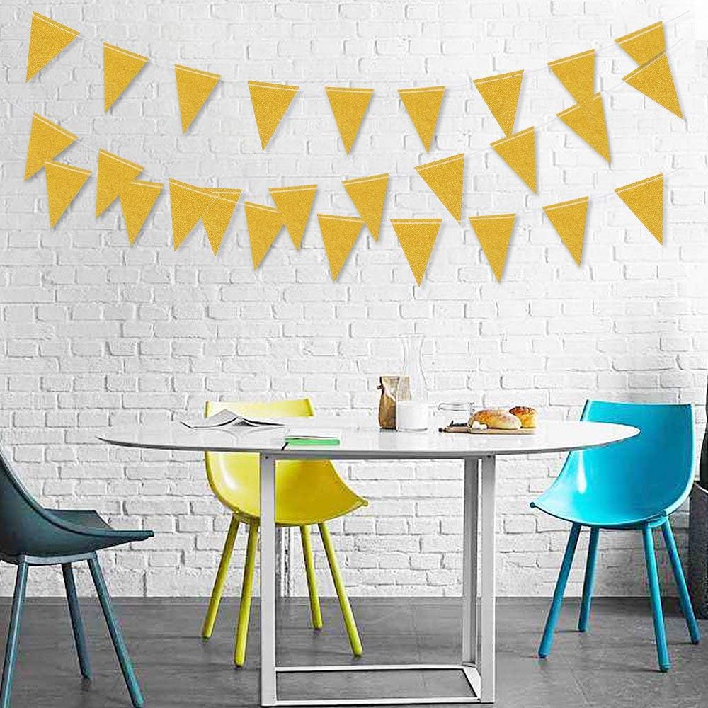 MerryNine Triangle Flag Bunting Banner, 3 Pack 30 Feet Vintage Style Pennant Banner for Wedding, Baby Shower, Event & Party Supplies 45pcs Flags (Triangle Flag - Gold Glitter)