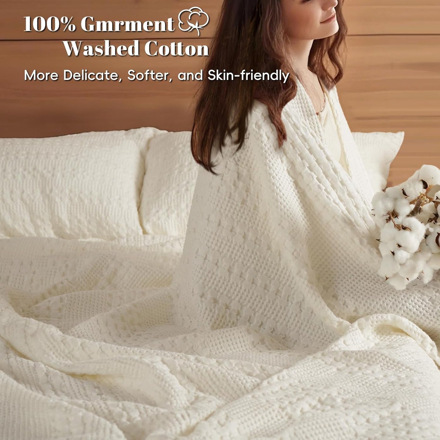 PHF 100% Cotton Waffle Weave Blanket Queen Size for Bed, Soft Lightweight & Breathable, All-Season Comfort, Luxury Aesthetic Woven Bedding for Home Decor, 90"x90", Ivory
