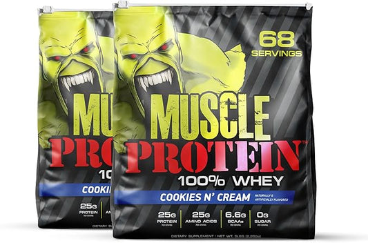 Muscle Protein Whey Powder [5 lbs/Pack of 1]– Cold Filtered, 25g Pure Protein, 6.6g BCAAs (Packaging May Vary) (10 Pound (Pack of 2), Cookies & Cream)