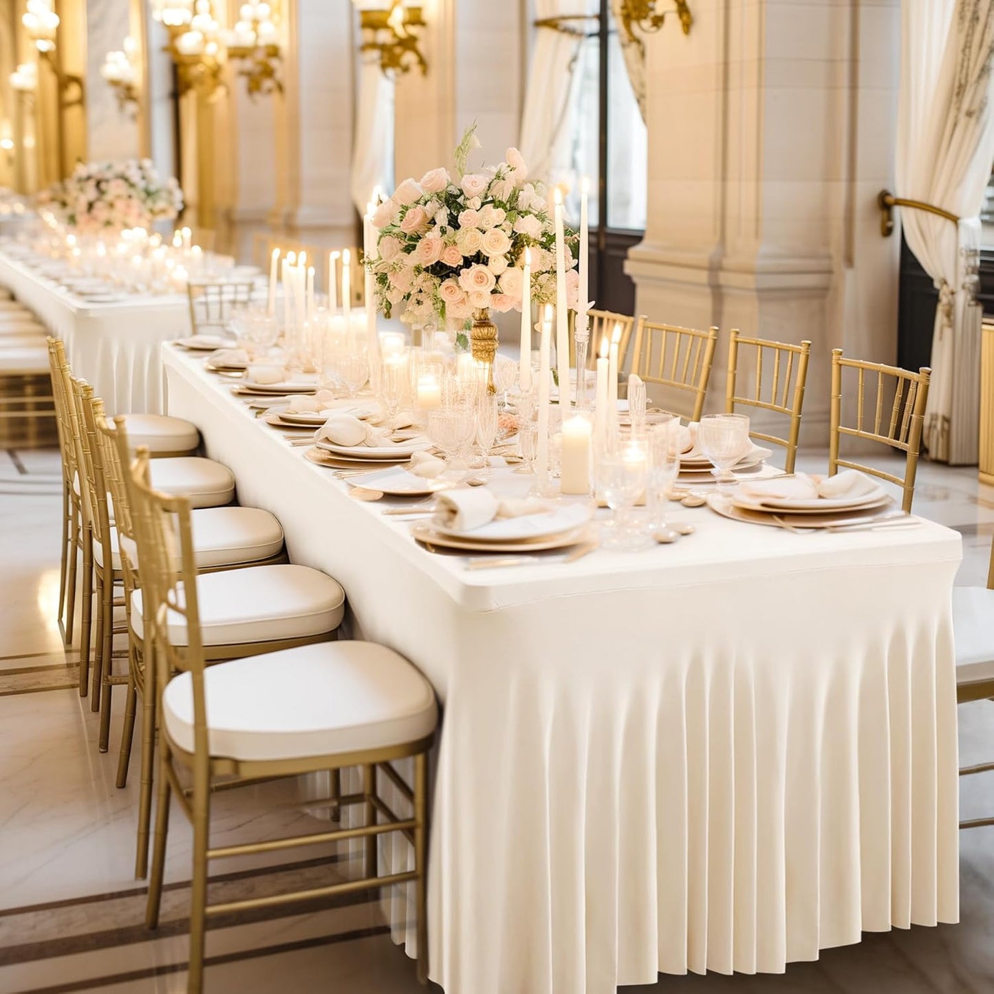 Wish Care 6 Pack Ivory Spandex Table Clothes for 8 Foot Rectangle Tables, 8FT Wrinkle Free Fitted Tablecloths Ruffles Design Table Cover for Party, Banquet, Wedding and Events