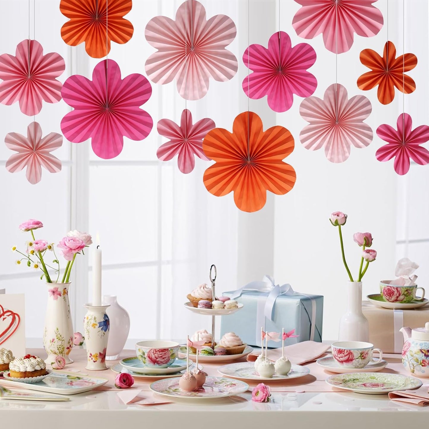 BestoFun 12 PCS Paper Flowers Fans Pink and Orange Party Decorations Paper Flowers Decorations for Wall Girl Groovy Birthday Baby Shower Wedding Bachelorette Room Hanging Décor