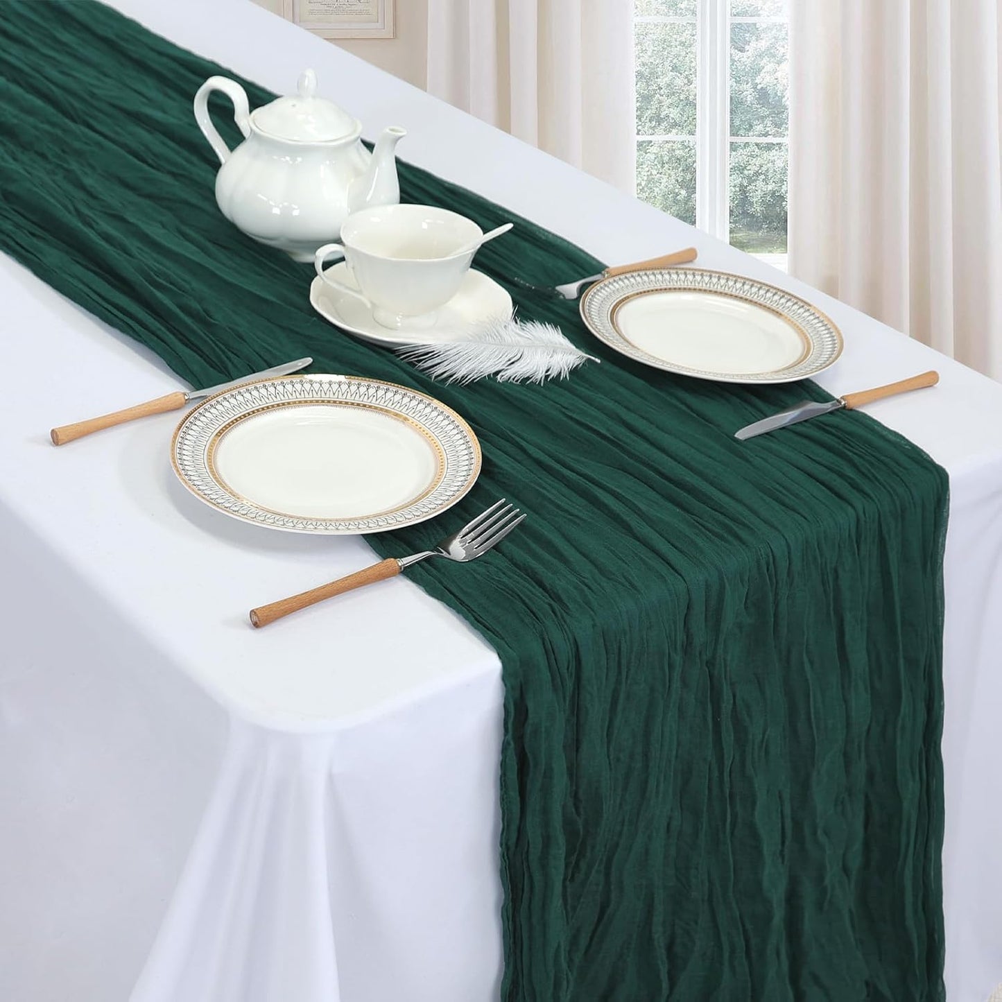 12 Pack Emerald Green Cheesecloth Christmas Table Runner 10ft Boho Gauze Fabric Cheese Cloth Table Runner 35 x 120 Inch Rustic Sheer for Wedding Decor Baby Shower Party Table Centerpiece Decoration