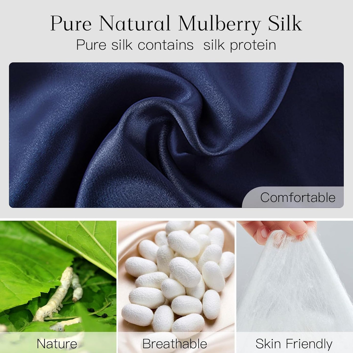 100% Natural Silk Eye Mask for Women Men, Soft Pressureless Cooling Blackout Eye Covers for Sleeping, Large Size Sleep Mask fits All Heads Adjustable, 1PC, Navy Blue