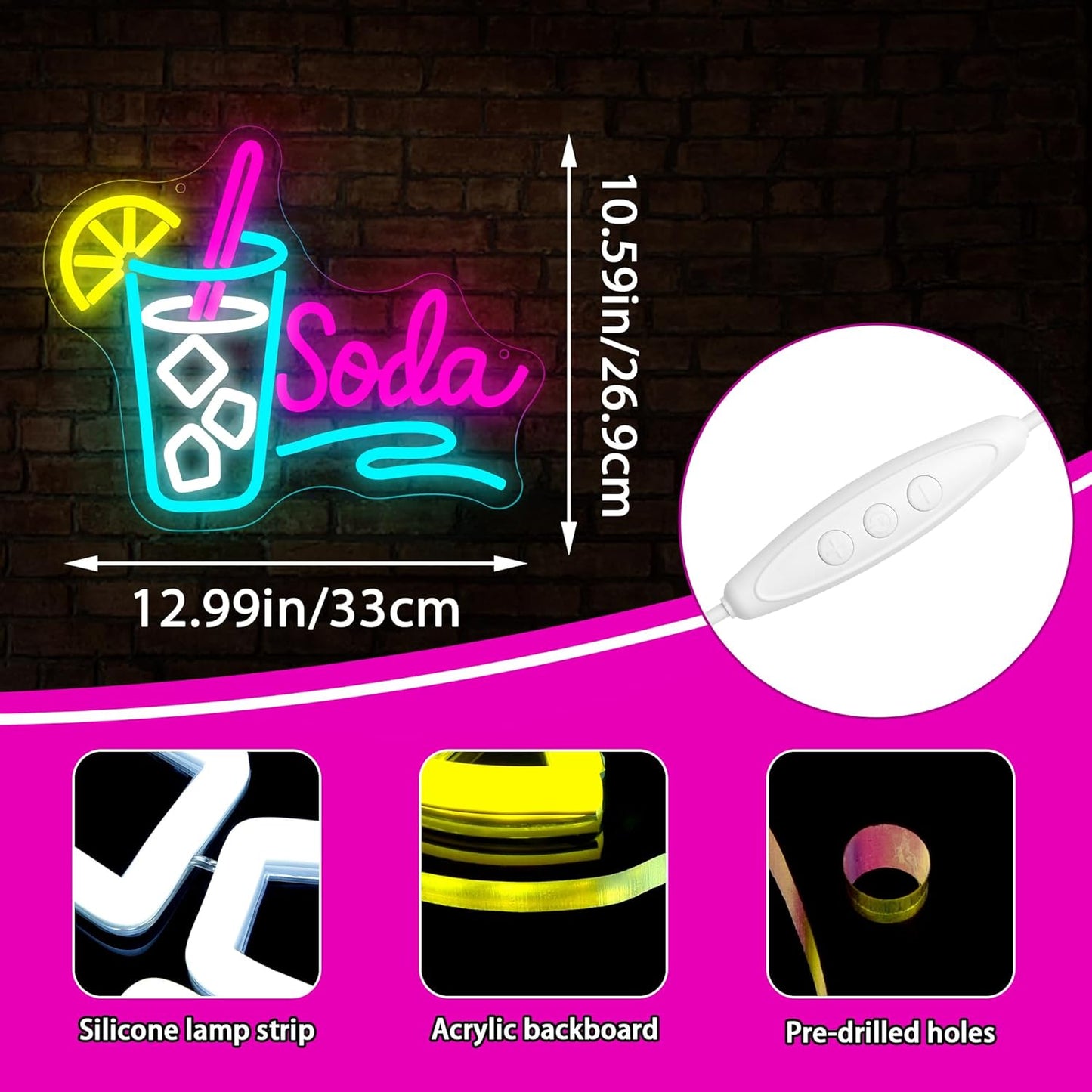 Soda Neon Sign for Wall Decor Dimmable Soda Pop Neon Light for Man Cave LED Light Up Water Sign for Store Bar Beer Club Party Kitchen Restaurant Christmas Birthday Gift Art Size 12.9 * 10.5In(WZCP290)