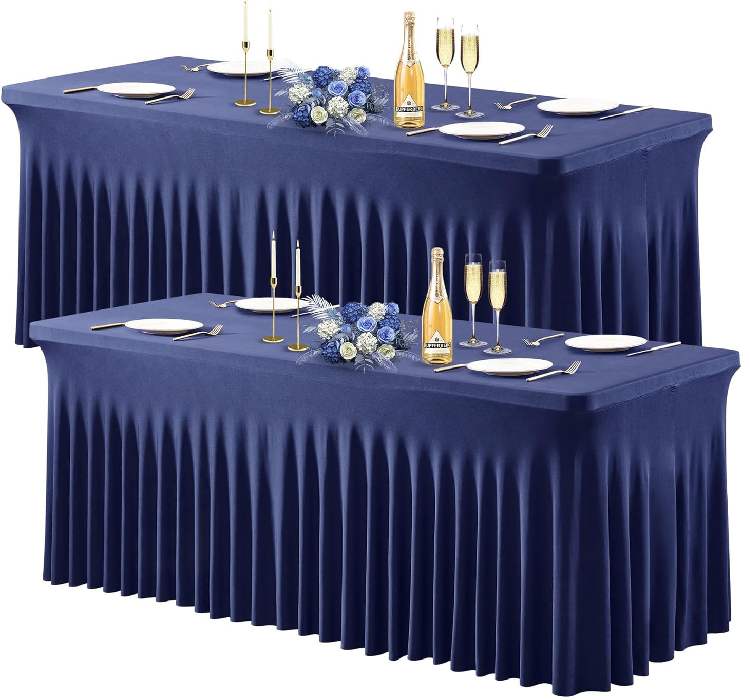 Wish Care 2 Pack Navy Blue Spandex Table Clothes for 4 Foot Rectangle Tables, 4FT Wrinkle Free Fitted Tablecloths Ruffles Design Table Cover for Party, Banquet, Wedding and Events