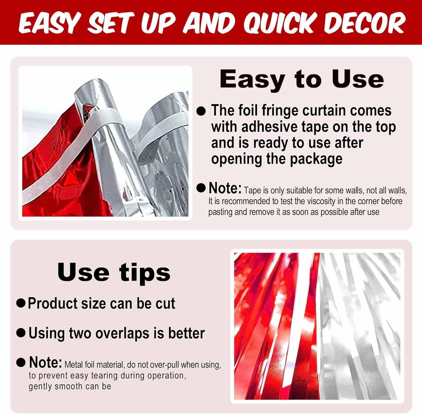 6 Pack Red and Silver Foil Fringe Curtains Backdrop, 3.28 x 8.2 Ft Metallic Streamers Tinsel Curtains Background for Photo Booth, Birthday, Weddings, Carnivals, Graduation, Themed Party Decorations