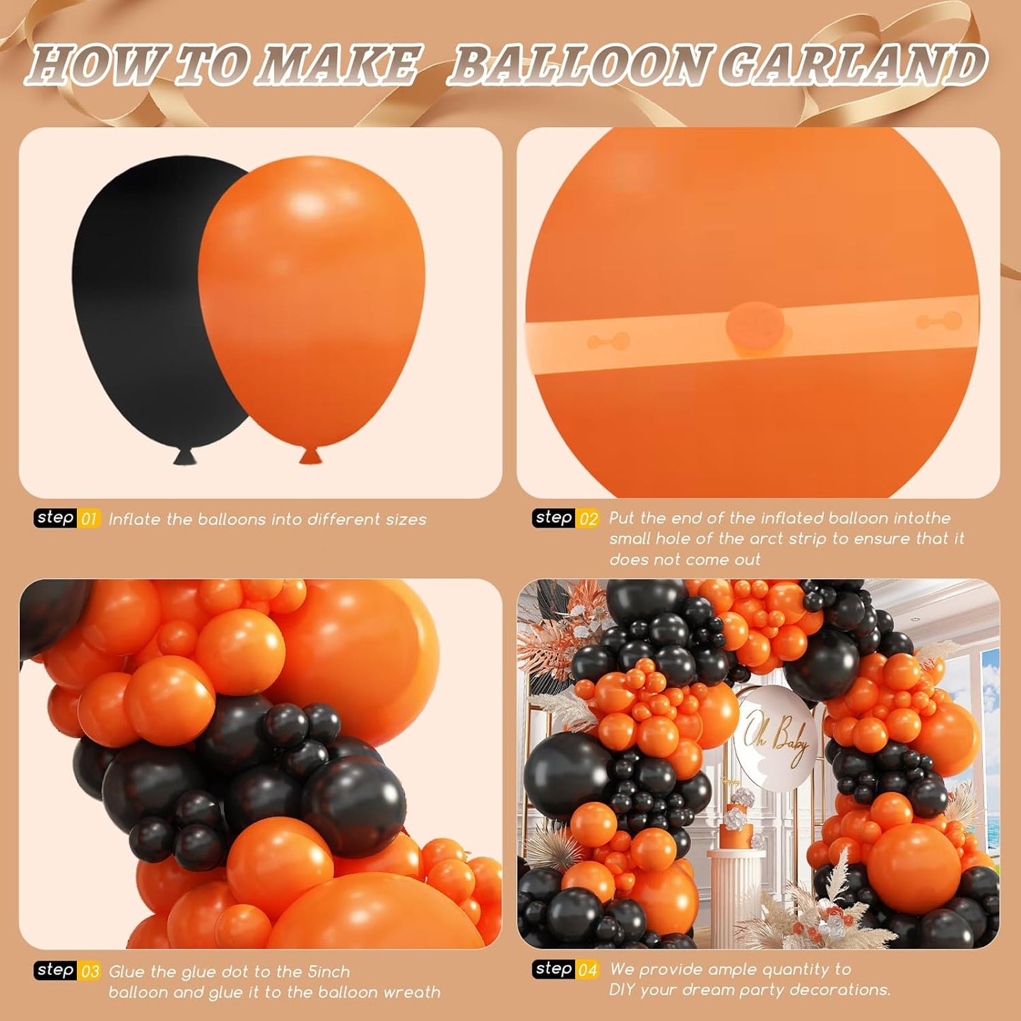 Black and Orange Balloons Garland Arch Kit, 412pcs Black Orange Halloween Balloons with Different Size for Graduation Halloween Harley Davidson Decorations
