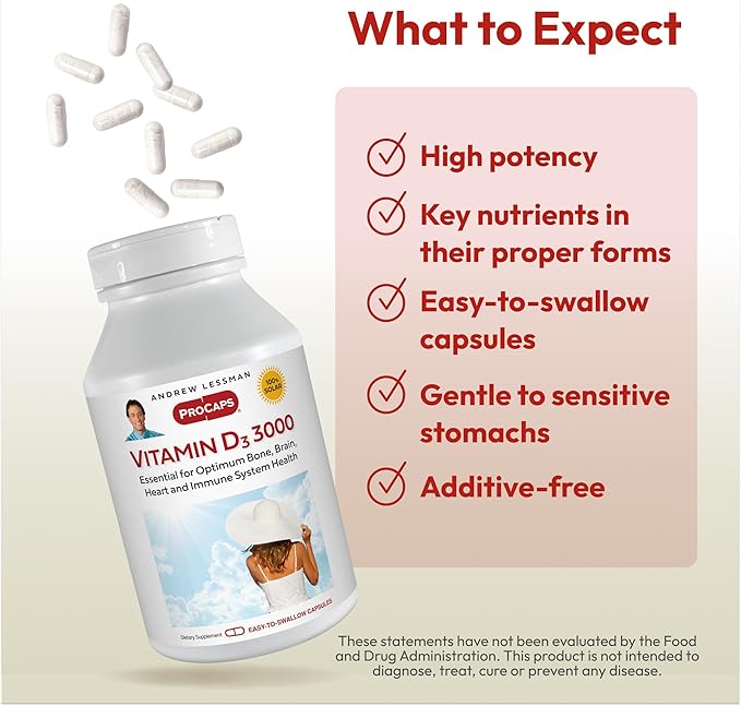 ANDREW LESSMAN Vitamin D3 3000 IU 720 Capsules - High Potency, Essential for Calcium Absorption, Supports Bone Health, Healthy Muscle Function, Immune System, More. Small Easy to Swallow Capsules