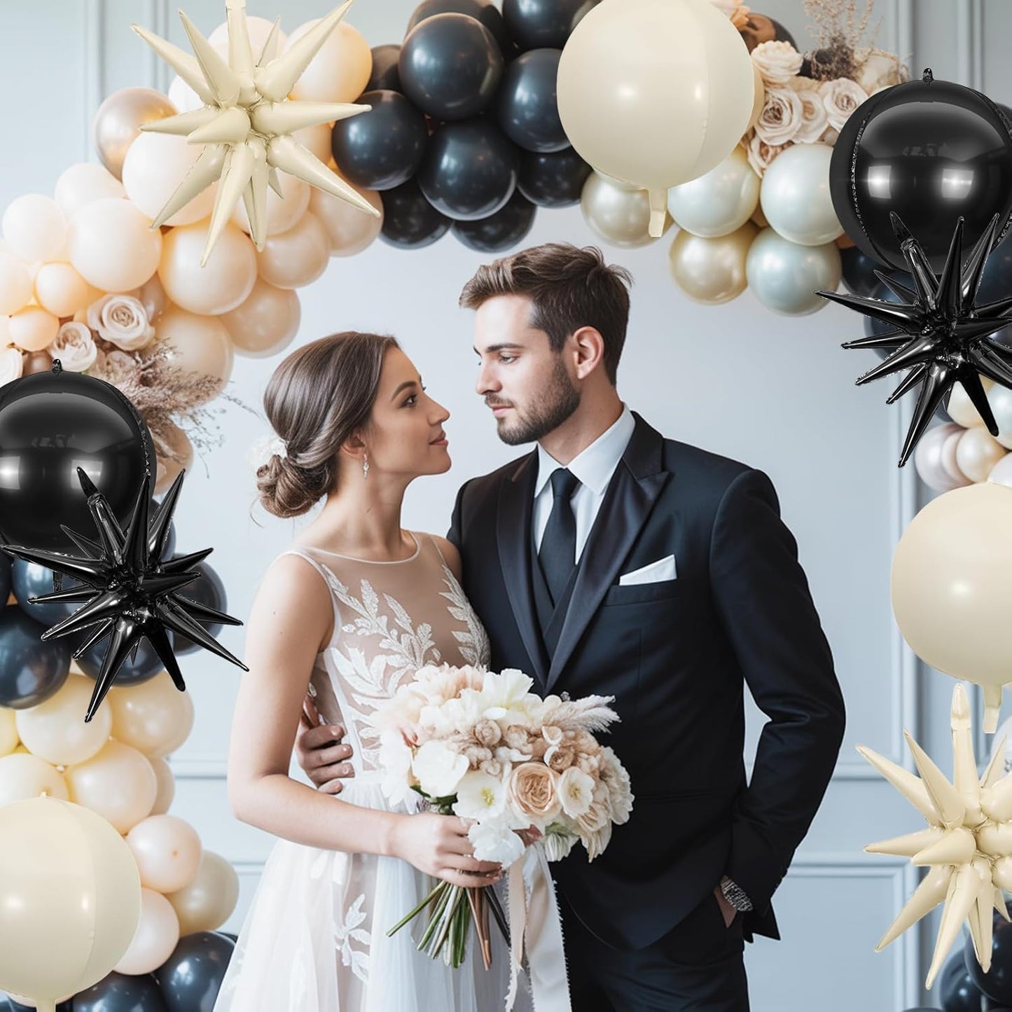 6Pcs Black White Foil Balloons,22Inch Sand White Black 4D Round Ball Balloon and Explosion Star Balloon for Birthday Wedding Baby Shower Anniversary Decorations