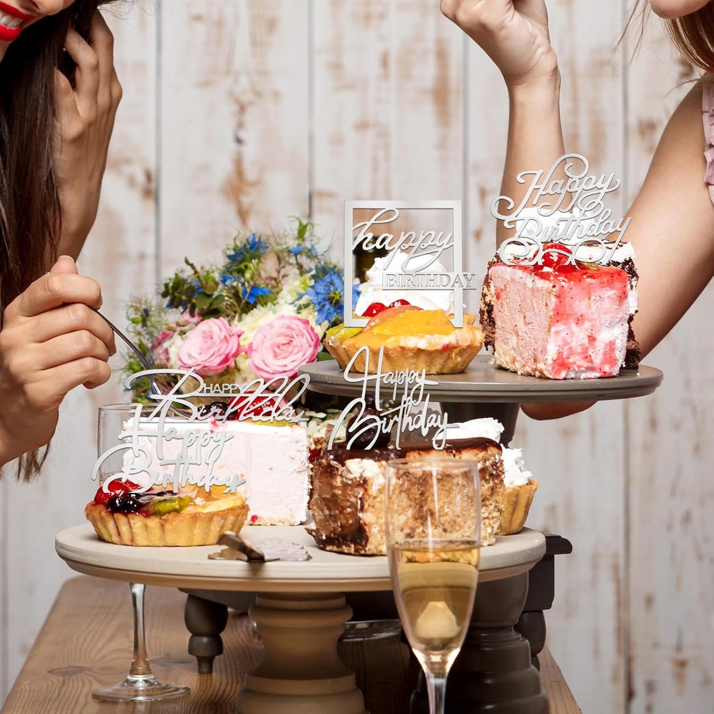 10 PCS Silver Happy Birthday Cake Topper Mirror Acrylic Cake Toppers Double-Sided Glitter Birthday Decorations for Girls Women's Party Supplies