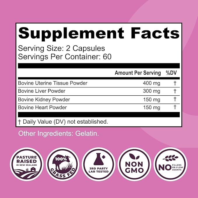 Beef Organ Supplement for Women - Beef Liver, Kidney, Heart and Uterus Tissue, Supports Women's Overall Energy and Health - Pasture Raised in New Zealand - No Fillers or Flow Agents - 120 Capsules