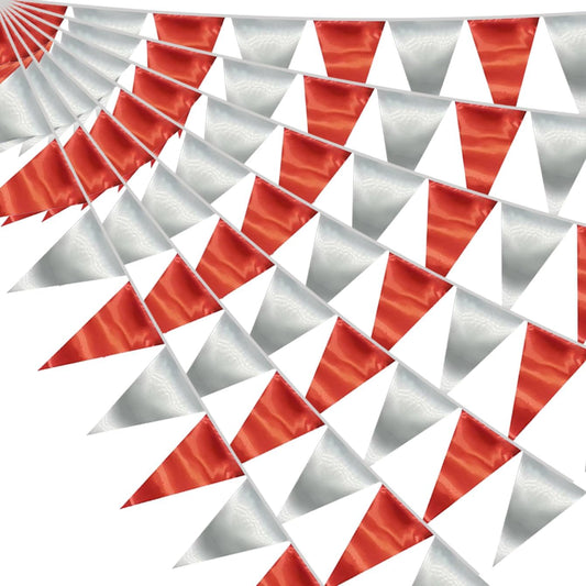 65FT Red Silver Triangle Pennant Banner Flag Metallic Fabric Bunting Garland for Christmas Graduation Wedding Engagement Anniversary Bachelorette Birthday Bridal Shower Valentines Hen Party Supplies