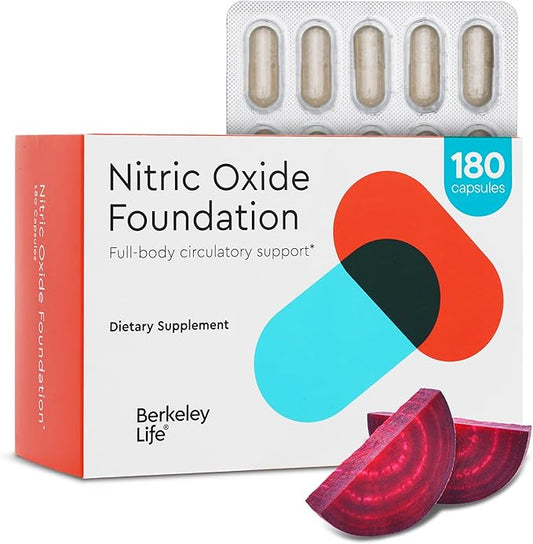Berkely Life Nitric Oxide Foundation, Full-Body Circulatory Support - Nitric Oxide Supplement with Beet Root Powder Supports Healthy Blood Pressure, Heart & Cardiovascular Health - 180 Capsules