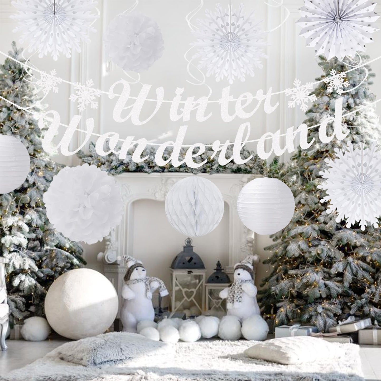 Winter-Wonderland Christmas-Snowflake White Party-Decorations - 21pcs Wedding Baby Shower Snow Banner,Paper Lanterns Honeycomb Streamers,Tissue Pom Poms Flower Fan,Classroom Hanging Decor Huglony