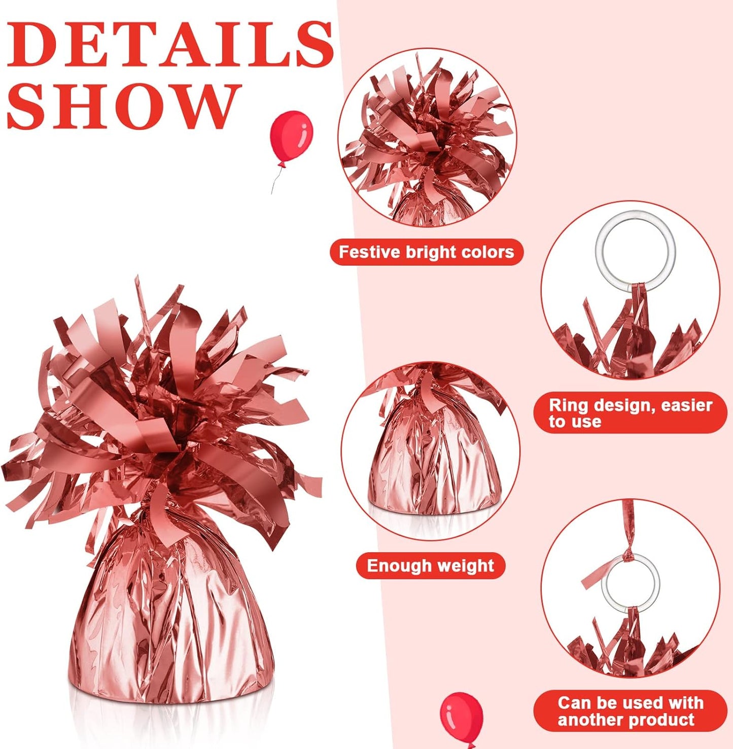 24 Pcs Balloon Weights Metallic Anchor Balloon Holder for Helium Balloons Heavy Table Weights and 1 Roll Iridescent Crimped Ribbon for Birthday Wedding Halloween Christmas Party(Rose Gold)