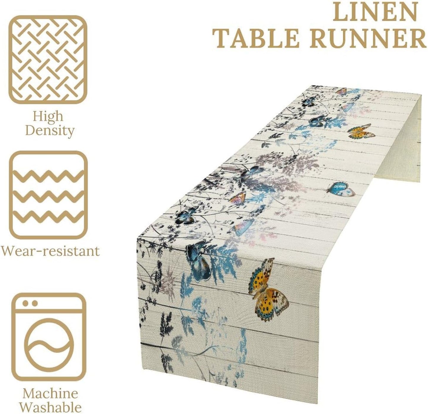 Nature Dandelion Table Runner,Rustic Floral Wood Plank Butterfly Girl Women Pattern Print Burlap Tablecloth for Hotel Indoors Outdoor Dining Room Kitchen Table Decor, 13x60in