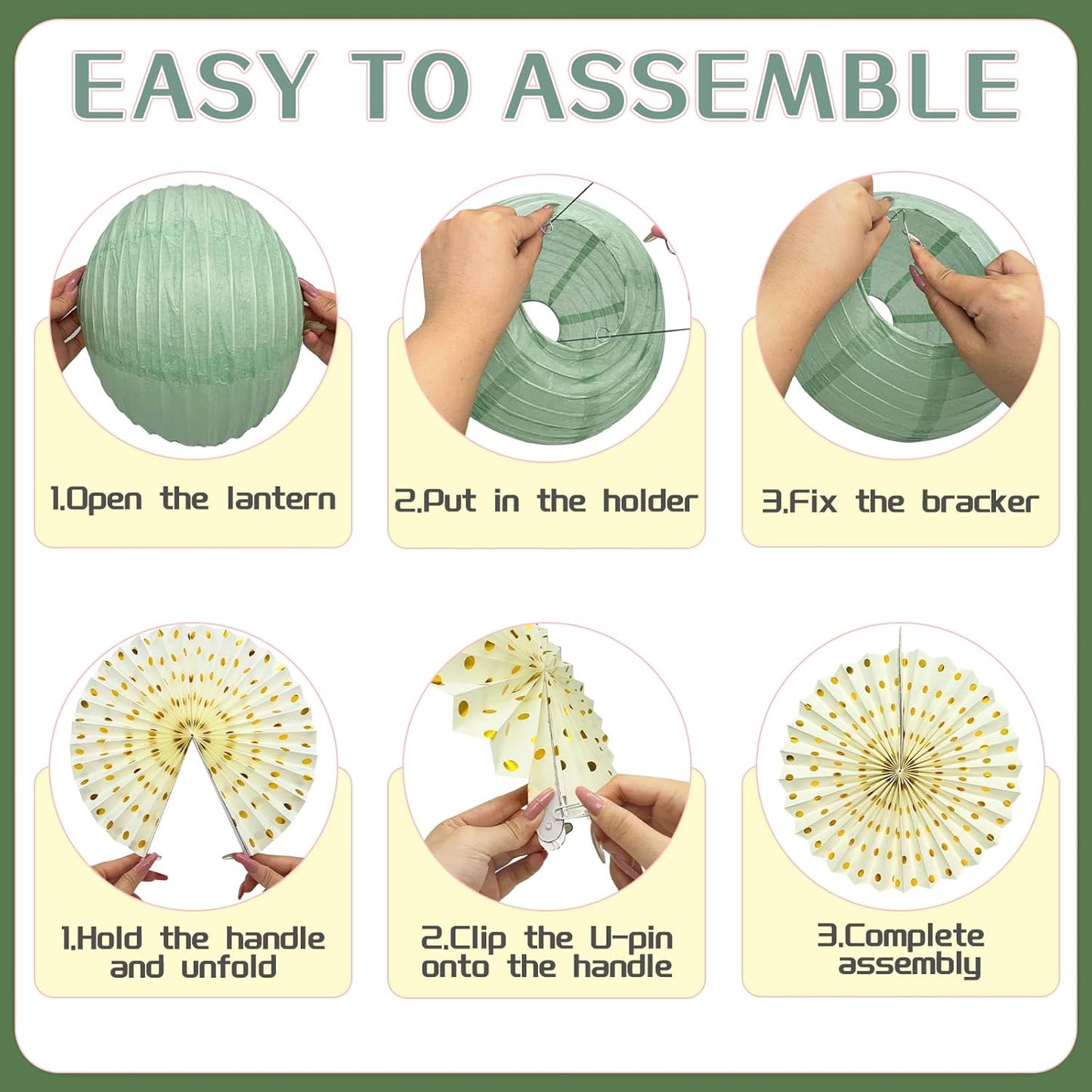 15Pcs Sage Green Party Decorations, Hanging Paper Lanterns Paper Fans Tissue Flower Pom Poms for Women Girls Birthday Wedding Bridal Baby Shower Green and Pink Party Decorations