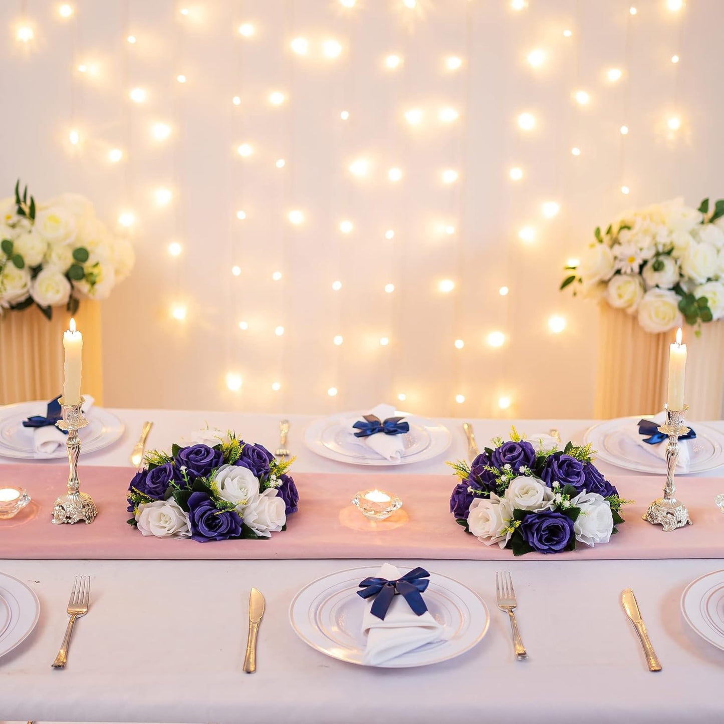 BLOSMON Navy Blue Flowers for Centerpieces: 10 Pcs Artificial Roses Flower Balls for Wedding Table - Fake Silk Kissing Bouquet Floral Arrangement for Home Party Event Decoration