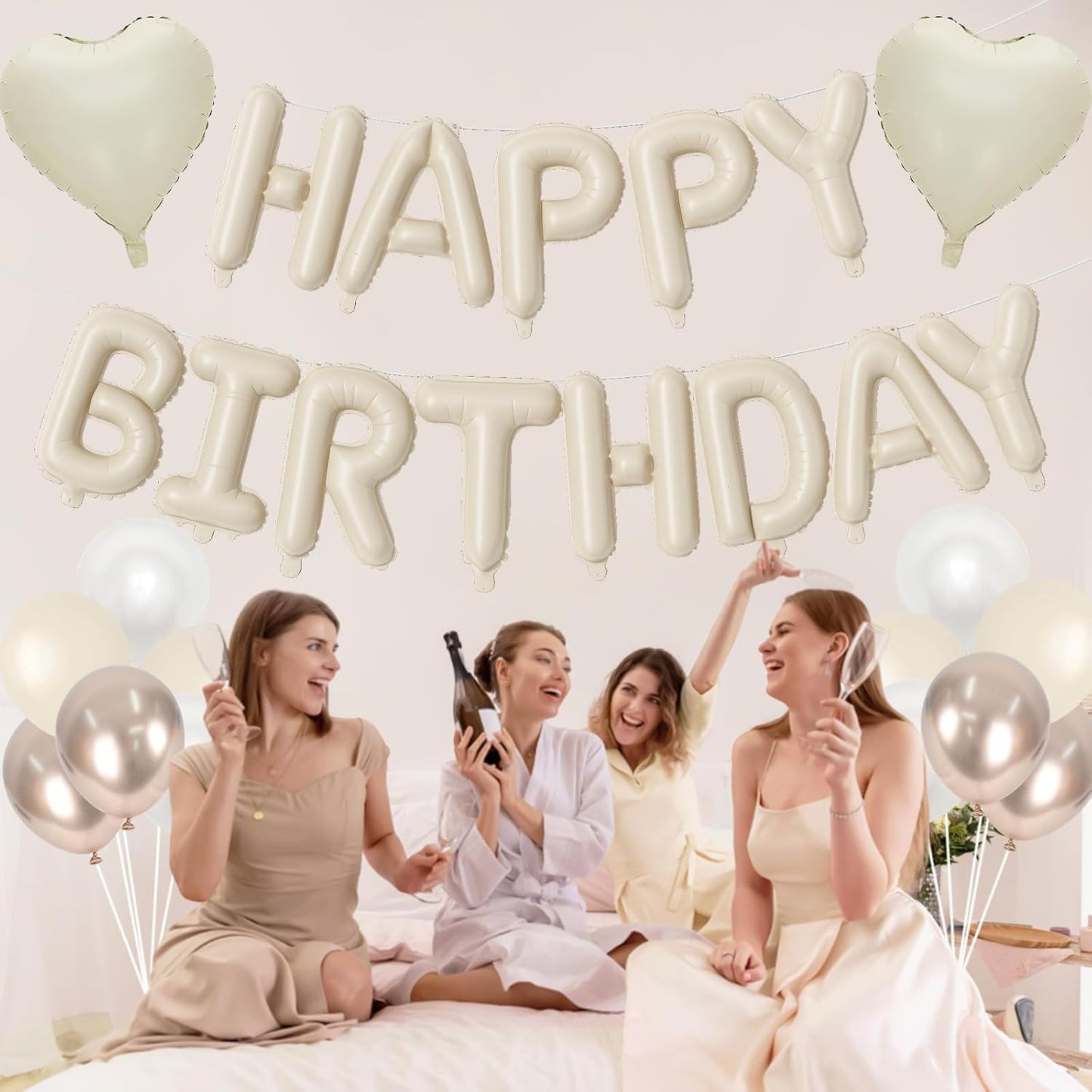 Happy Birthday Balloon Banner Cream, 16 Inch Beige Mylar Letters Heart Foil Balloons Pearl White Sand White Metallic Champagne Gold Balloons Boho Neutral Birthday Decorations for Girls Women Boy Men