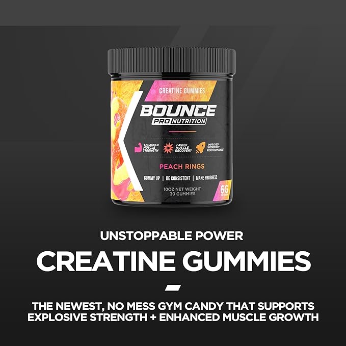 Bounce Pro Creatine Monohydrate Gummies for Men & Women, Low Calorie, 6G of Creatine per Serving, Vegan, Anti-Melting, Gluten-Free, Non-GMO, 2g of Creatine per Gummy (30ct, Peach Rings)
