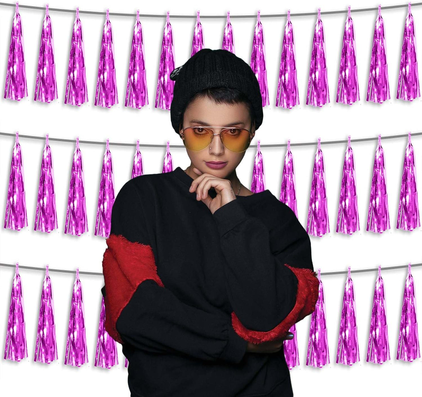 3P Metallic Fringe Banner Garland Foil Tinsel Streamer Backdrop Banners for Parties, Wall Hanging Curtain Parade Floats,Graduation Decorations, Wedding Party Decoration(Hot Pink)