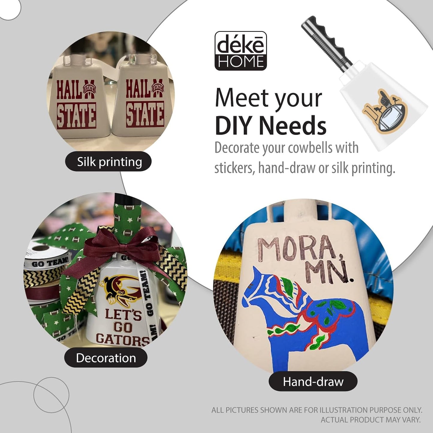 Deke Home - 2 Pack 10 Inch Steel Cowbells with Handle, Loud Noise Makers for Football, Sports, Parties, Competitions, School Spirit & Safety, Large Hand Bell for Cheering & Percussion Instrument