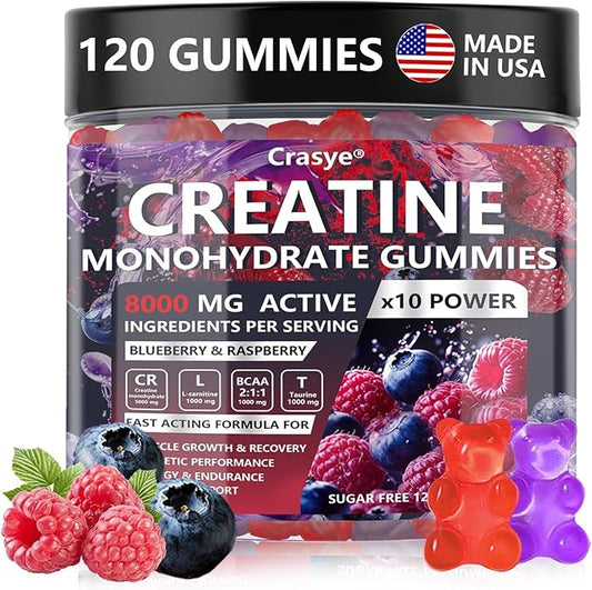 Creatine Monohydrate Gummies Complex 8000 MG for Men Women, Creatine Gummy with Taurine BCAA for Energy Support and Muscle Strength, Sugar Free Pre-Workout Supplement