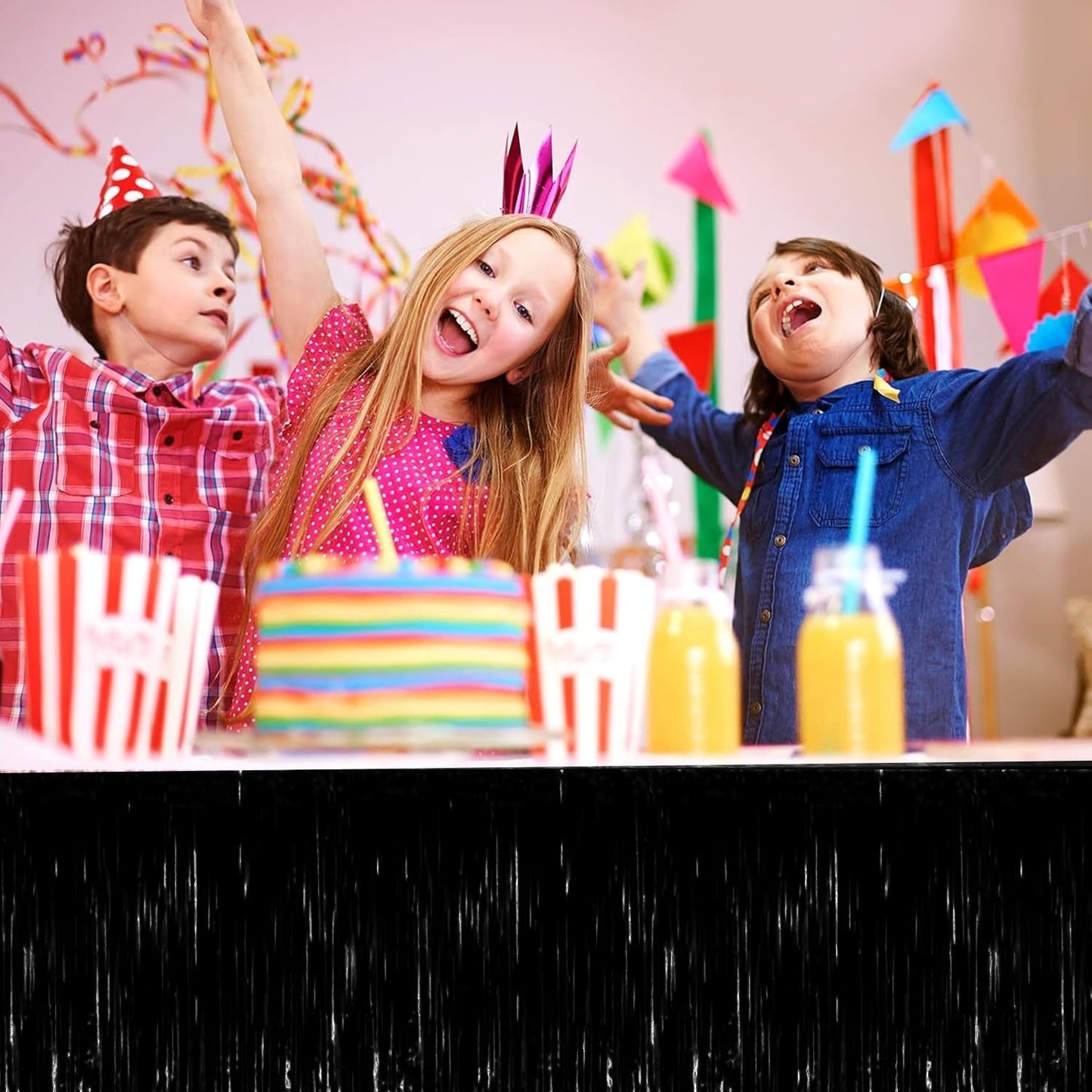 4P Metallic Foil Fringe Tinsel Table Skirts for Rectangle Tables Backdrop Banner Tinsel Streamer Garland Curtains for Parade Floats Wedding Graduation Anniversary Birthday Parties Decoration (Black)