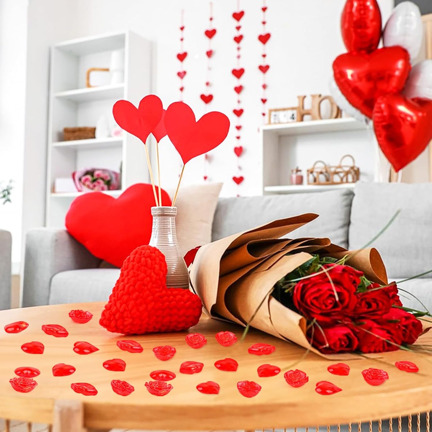 Fangoo 180PCS Red Acrylic Heart Ornaments Mini Acrylic Heart Rose Flower Lips Gems for Valentine Vase Filler Decor for Table Scatter Engagement Valentine's Day Wedding Anniversary Party（Red 12oz）