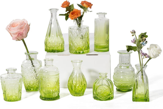 Vintage Small Glass Vases Set of 10,Mini Bud Vases for Flowers,Amber Glass Vases for Centerpieces,Wedding Decorations,Home Table Flower Decor (Olive Green)