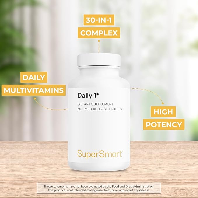 Supersmart Daily 1 Timed Release (Patented) - 30-in-1 Daily Multivitamin for Women & Men - with Vitamin A, B, C, D, E, Magnesium, Zinc, BioPQQ | Made in USA | Non-GMO & Gluten Free - 60 Tablets