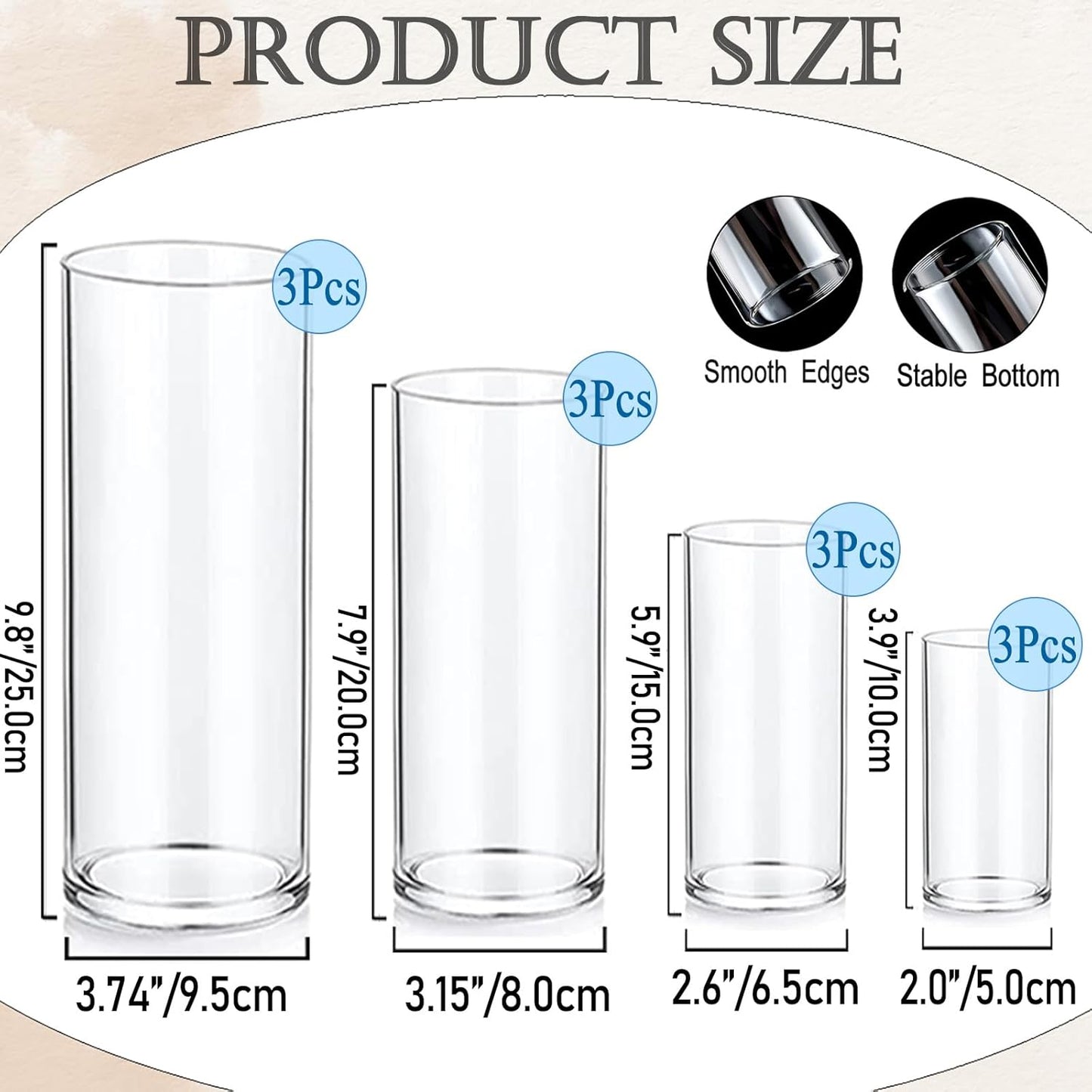 UDU Set of 12 Cylinder Glass Vases and 18 Pcs Floating Candles for Centerpiece, 4,6,8,10 Inch Tall Clear Hurricane Candle Holder Glass Vases for Centerpiece Table Wedding Home Decor