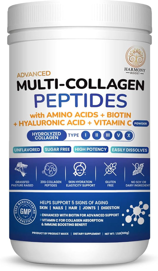 Multi-Collagen Peptides Powder | Hydrolyzed Types I, II, III, V & X | With Biotin, Hyaluronic Acid, Vitamin C | Supports Skin, Hair, Nails, Joints & Digestion | Unflavored, Sugar-Free | 1.1LB (500g)