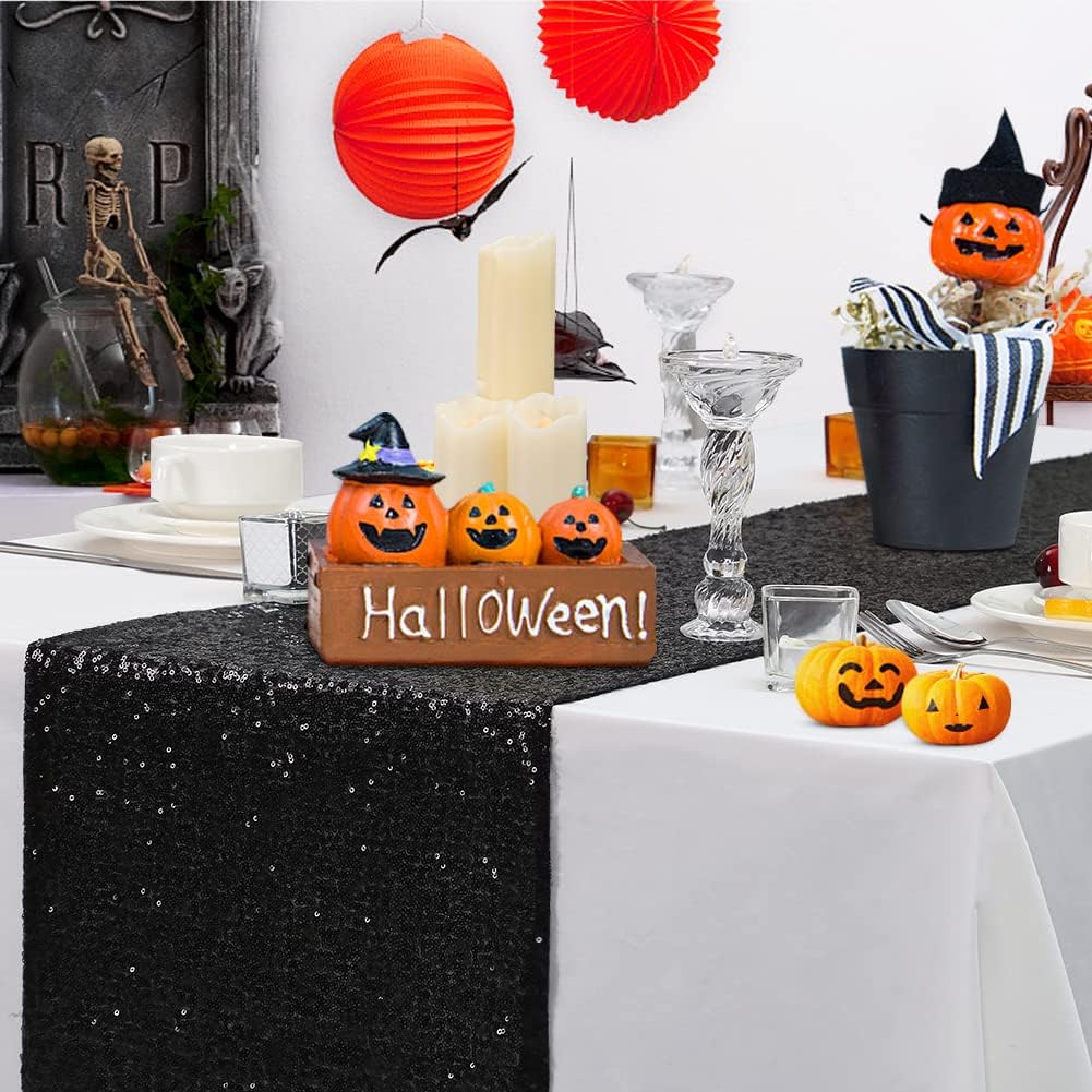 Eternal Beauty Black Table Runner for Wedding, 5PCS-12x108 Sequin Table Runner Decorations for Birthday Parties, Banquets, Graduations,Christmas
