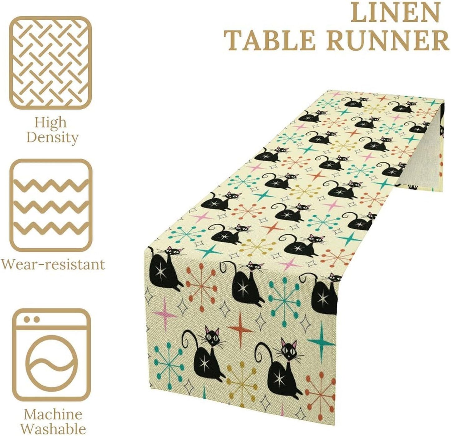 Mid Cat Table Runner, Vintage Black Cat and Atomic Stars 1950s 1960s Abstract Geometric Space Pattern Table Decoration for Home Kitchen Restaurant 13x70 Inches
