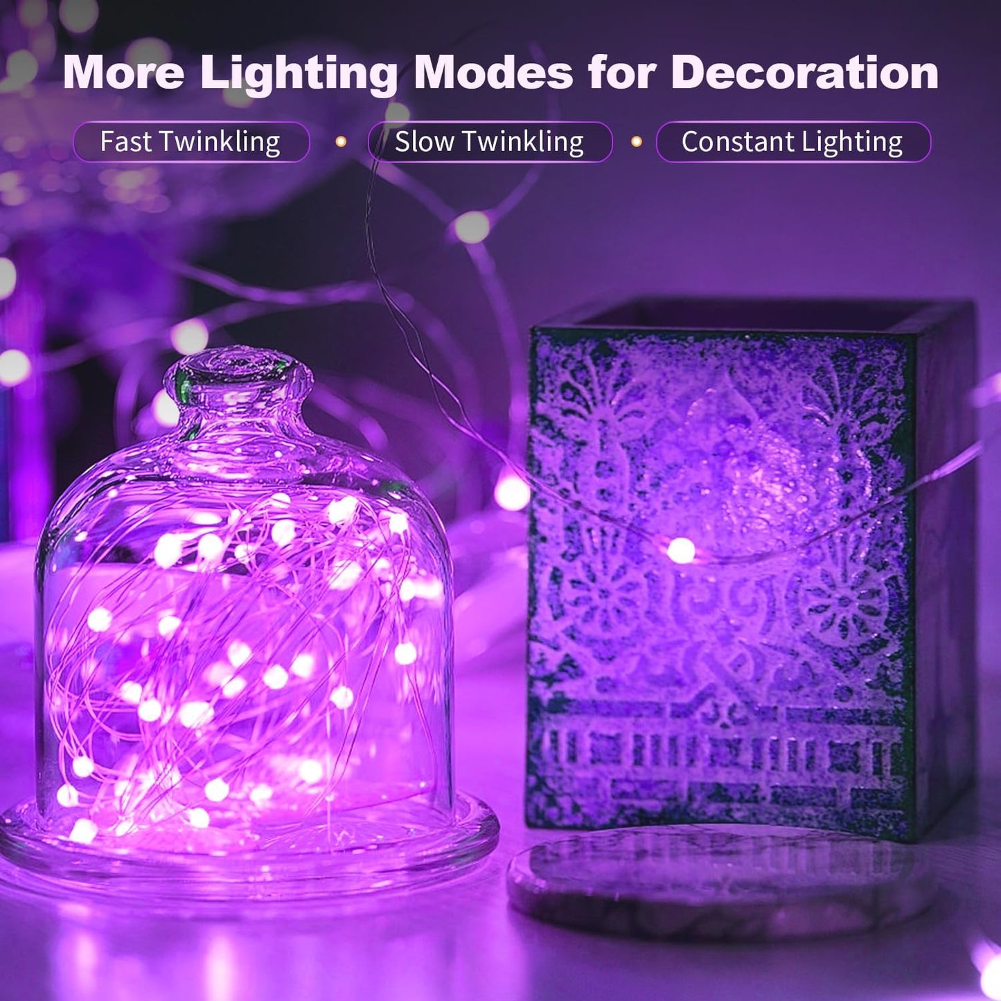 20 Pack LED Fairy Lights Battery Operated,3 Features Blinking Slowly Blinking & just on 7FT 20 LED Waterproof Mini Twinkle String Lights for Wedding Mason Jars Halloween Christmas Decorations,Purple